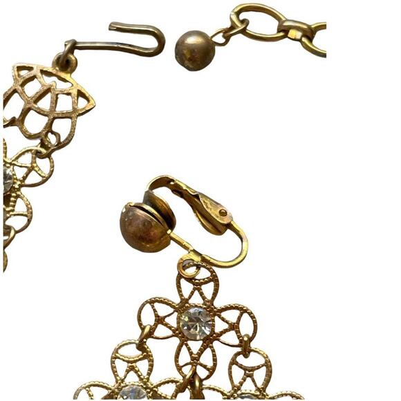 Filigree & Rhinestone Vintage Cascading Necklace with Clip-on Matching Earrings - Picture 4 of 9